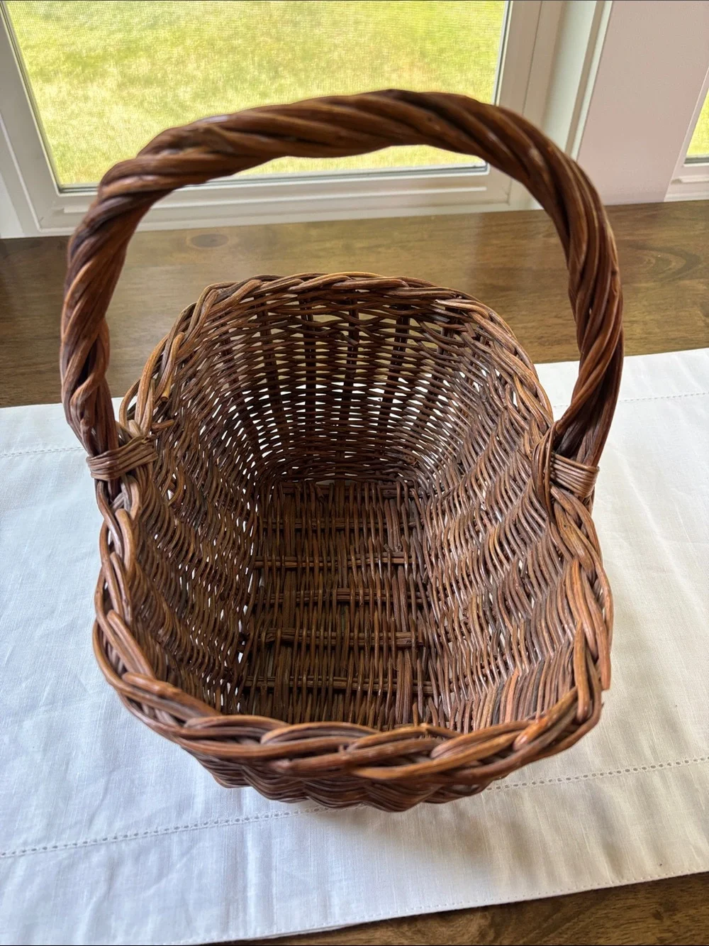 Vintage Gathering Basket With Twisted Handle Hand Woven Wicker Garden Harvest